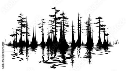 Bald cypress knees protruding from a flooded forest floor, vector illustration art
