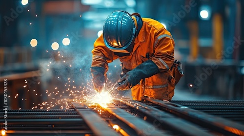 A welder works on a metal structure. This photo shows a worker in a factory welding a metal structure.