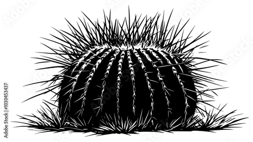 Barrel cactus with a rounded shape and prominent spines in the desert, vector illustration art