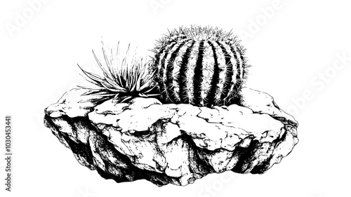 Barrel cactus growing on a rocky outcrop in a canyon, vector illustration art photo