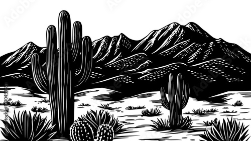 Barrel cacti growing in sandy soil with mountains in the background, vector illustration art