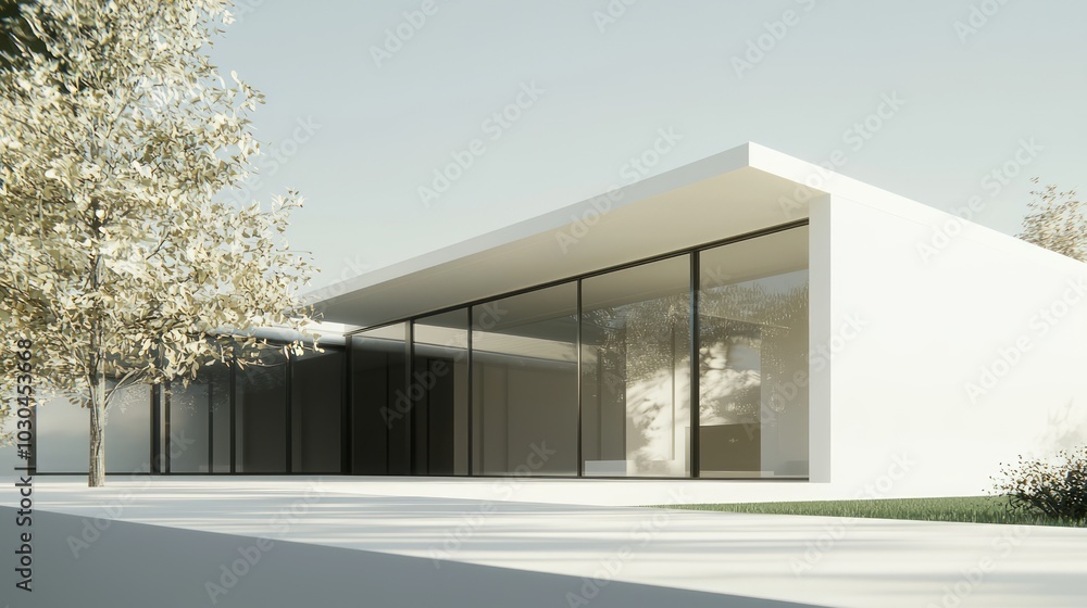Innovative Sustainable Modular House Design with Spacious Glass Walls Connecting Indoor and Outdoor Spaces - 3D Render Illustration Innovative Sustainable Modular House Design with Spacious Glass Walls Connecting Indoor and Outdoor Spaces - 3D Render Illustration