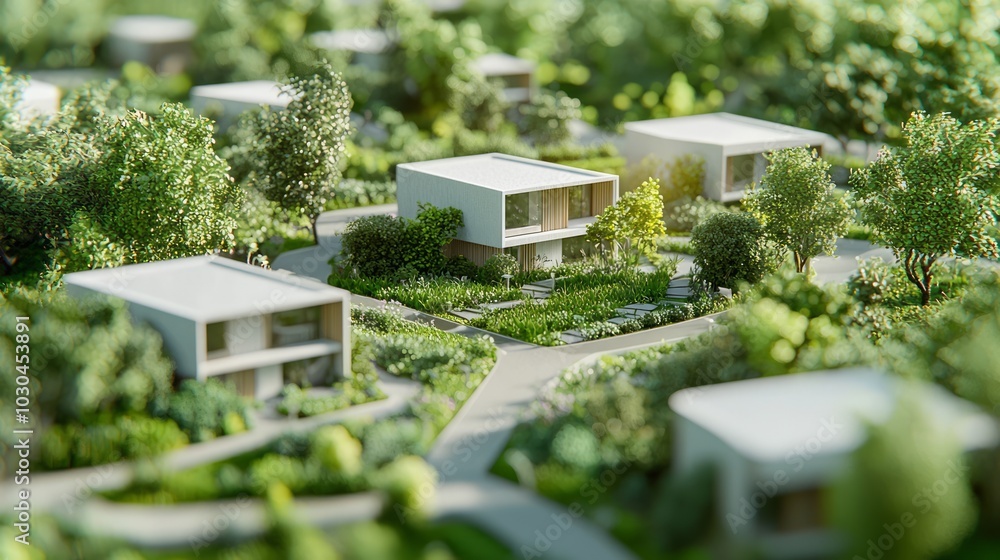 Eco-Friendly Modular Home Design with Sustainable Landscaping featuring Rain Gardens and Permeable Pathways | 3D Render Illustration Eco-Friendly Modular Home Design with Sustainable Landscaping featuring Rain Gardens and Permeable Pathways | 3D Render Illustration