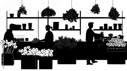 Bulk flowers being packaged and sorted by workers in a floristry wholesale hub, vector illustration art