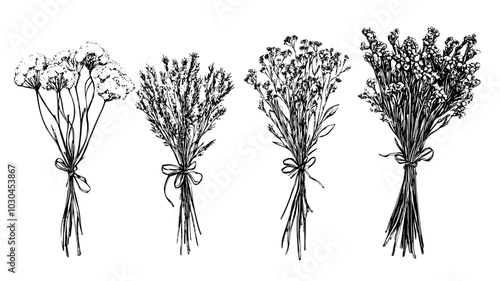 Bundles of dried flowers tied with twine on a rustic table, vector illustration art