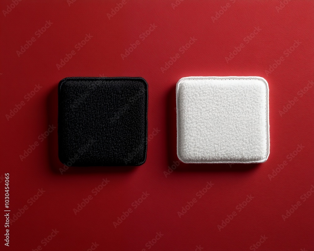 Two square cushions, one black and one white, rest on a red surface. Two square cushions, one black and one white, rest on a red surface.