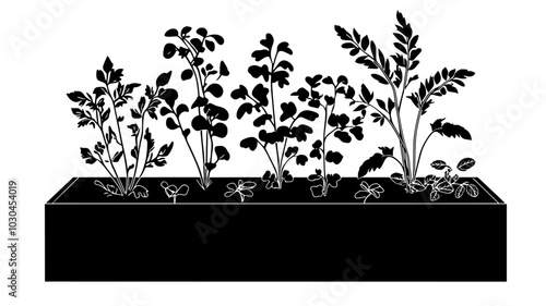 Carrot tops with green foliage peeking from the soil in a raised bed, vector illustration art