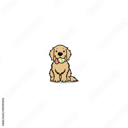 Cute golden retriever with tennis ball cartoon, vector illustration