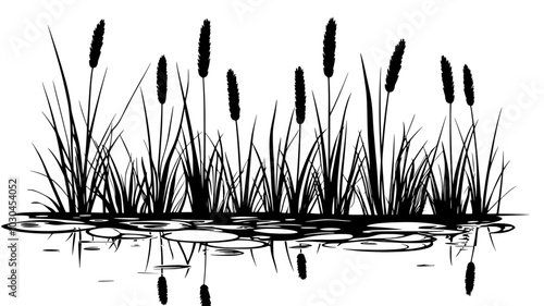 Cattails standing in shallow water of a marsh, vector illustration art