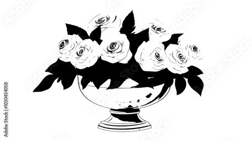 Centerpiece of roses in a silver compote on a reception table, vector illustration art