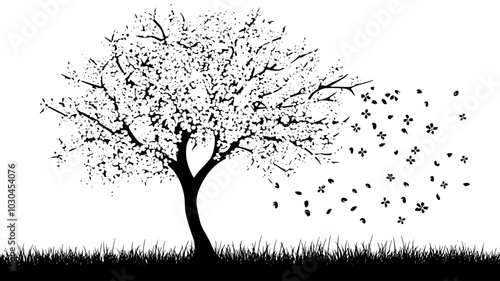 Cherry blossom tree in full bloom against a blue sky, vector illustration art