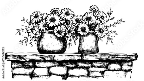 Chrysanthemums in ceramic jug on stone fireplace mantel, vector illustration art