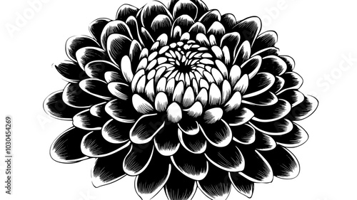 A close-up of a single pompon chrysanthemum bloom in a floral arrangement, vector illustration art