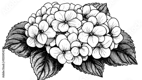 A close-up of a bigleaf hydrangea flower cluster with visible leaves, vector illustration art photo