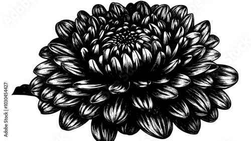 A close-up view of a single pompon chrysanthemum flower head, vector illustration art