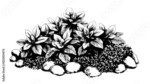 A cluster of lungwort plants flourishing in a shaded flower bed with nearby stones, vector illustration art