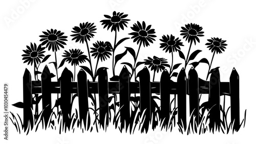 Cluster of black-eyed Susans in a perennial garden near a wooden fence, vector illustration art