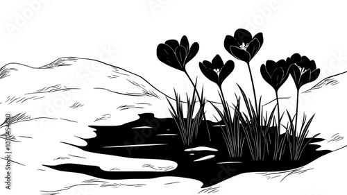 Crocus flowers pushing through melting snow in a lawn, first signs of spring, vector illustration art