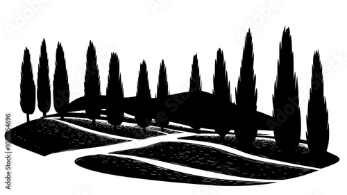Cypress trees lining a driveway in a Mediterranean setting, vector illustration art