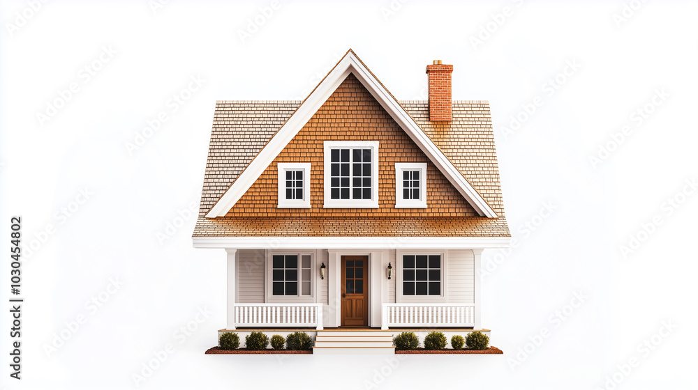 Cape Cod brown house with dormer windows and shingle siding isolated on white background Cape Cod brown house with dormer windows and shingle siding isolated on white background