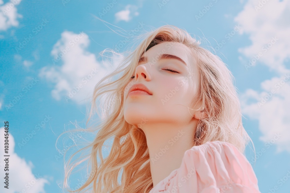 Portrait of a blonde woman with closed eyes against a blue sky with clouds. Portrait of a blonde woman with closed eyes against a blue sky with clouds.