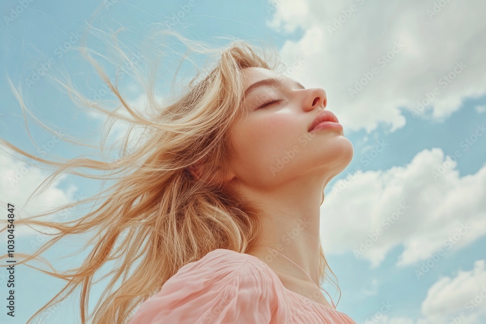Portrait of a blonde woman with closed eyes against a blue sky with clouds. Portrait of a blonde woman with closed eyes against a blue sky with clouds.