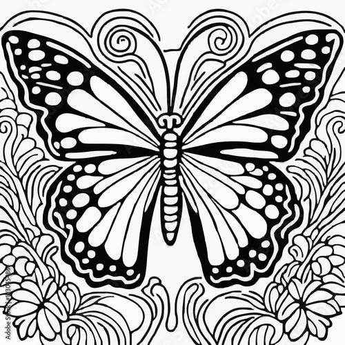 simple black and white coloring book art featuring a butterfly