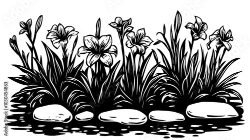 Daylilies blooming in a perennial garden along a concrete walkway, vector illustration art