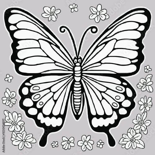 simple black and white coloring book art featuring a butterfly