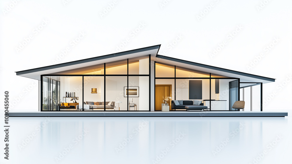 Mid-century modern house with open floor plan and large glass doors isolated on white background Mid-century modern house with open floor plan and large glass doors isolated on white background