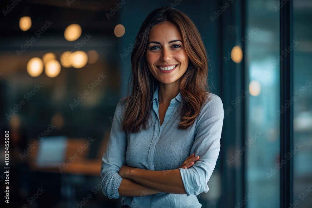 A business woman smiling and standing in a modern office. A business woman smiling and standing in a modern office.