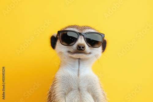 Portrait of a charming meerkat gainst a yellow background. photo