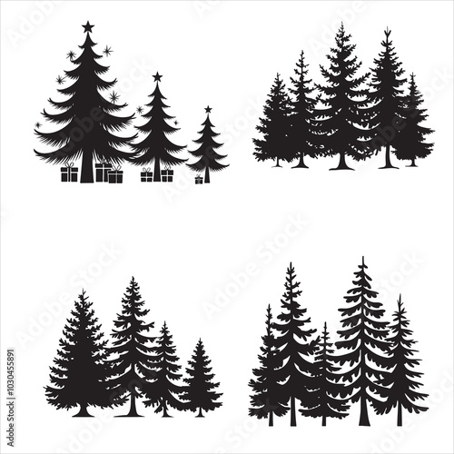 set of vector fir tree silhouette