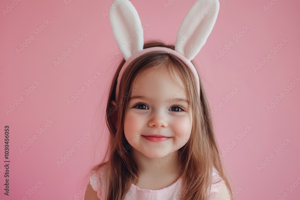 Portrait of a cute little girl child wearing a bunny ears headband against a pink background. Portrait of a cute little girl child wearing a bunny ears headband against a pink background.