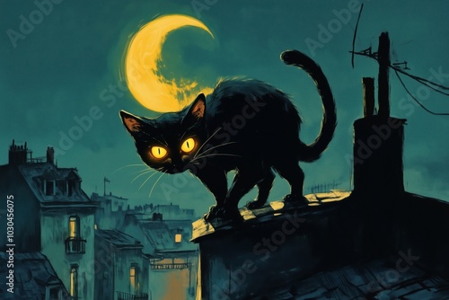 A black cat with glowing yellow eyes walking across a rooftop under a moonlit sky. photo