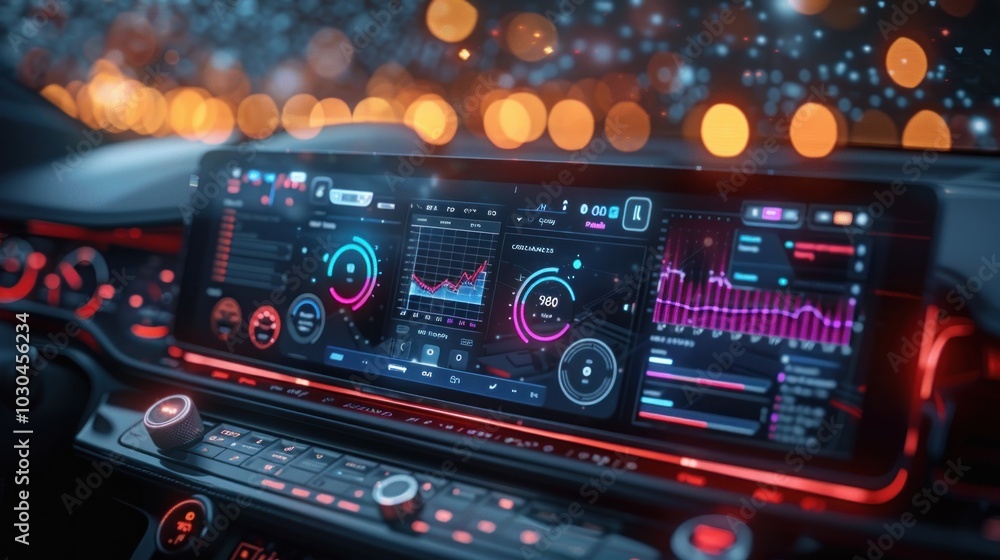 Innovative car dashboard displaying vibrant digital interfaces and data analytics at night. Generative AI Innovative car dashboard displaying vibrant digital interfaces and data analytics at night. Generative AI