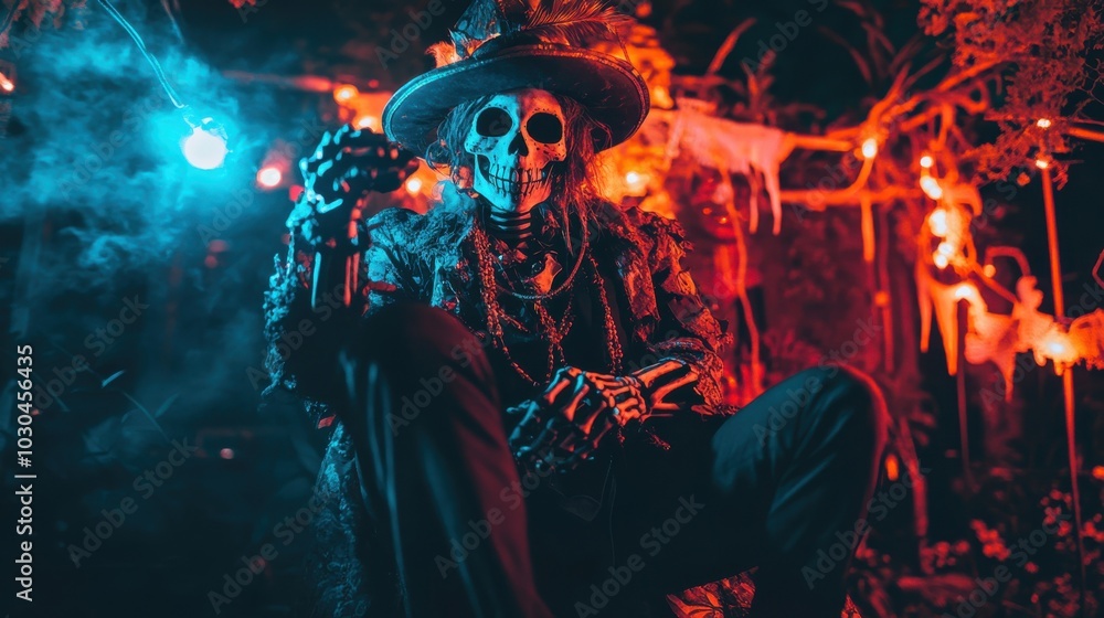 Skeleton figure in a vibrant costume sitting in a dark, illuminated setting during a vibrant celebration during Día de los Muertos Skeleton figure in a vibrant costume sitting in a dark, illuminated setting during a vibrant celebration during Día de los Muertos