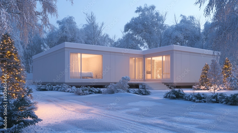 Cozy Sustainable Modular Home in Winter Wonderland | A 3D Render Illustration of a Festive Holiday Decorated Eco-Friendly House with Warm Glow Cozy Sustainable Modular Home in Winter Wonderland | A 3D Render Illustration of a Festive Holiday Decorated Eco-Friendly House with Warm Glow