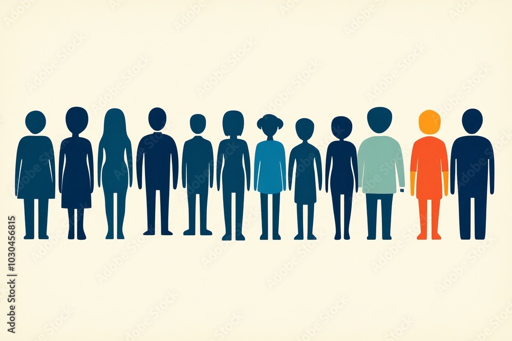Minimalist illustration of people standing in a line with one standout figure symbolizing individuality uniqueness and diversity in a simple modern design Minimalist illustration of people standing in a line with one standout figure symbolizing individuality uniqueness and diversity in a simple modern design
