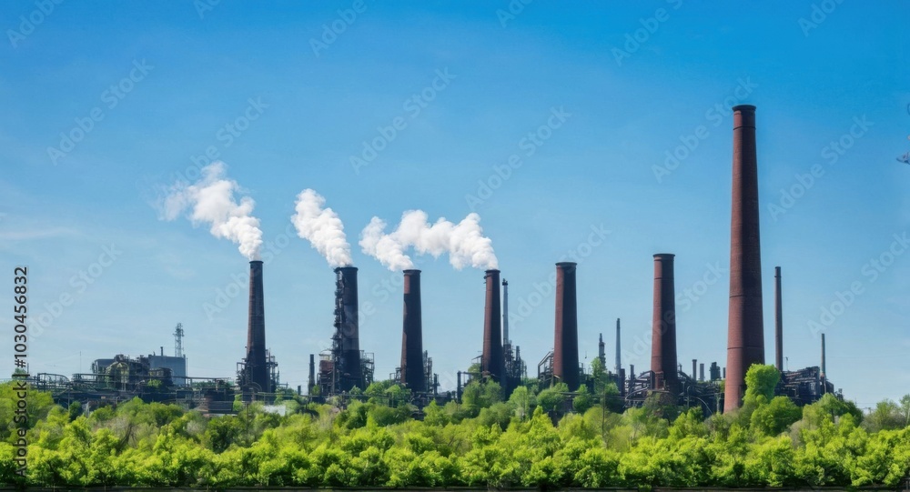 Bright sky highlighting smokestacks, creating a stark industrial scene. Bright sky highlighting smokestacks, creating a stark industrial scene.