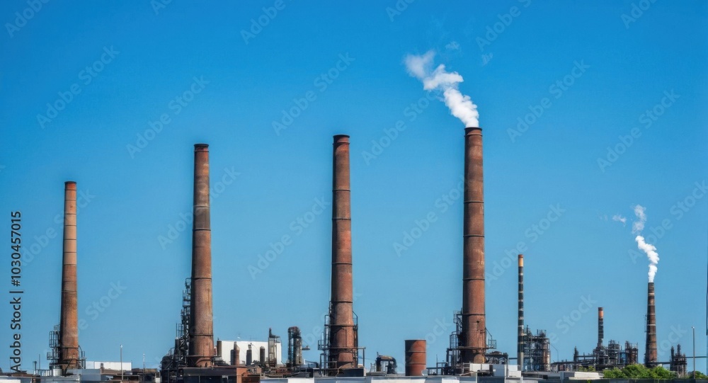Bright sky highlighting smokestacks, creating a stark industrial scene. Bright sky highlighting smokestacks, creating a stark industrial scene.