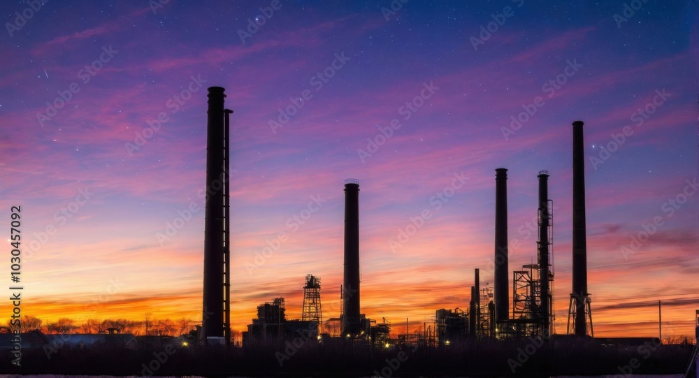 Bright sky highlighting smokestacks, creating a stark industrial scene. Bright sky highlighting smokestacks, creating a stark industrial scene.