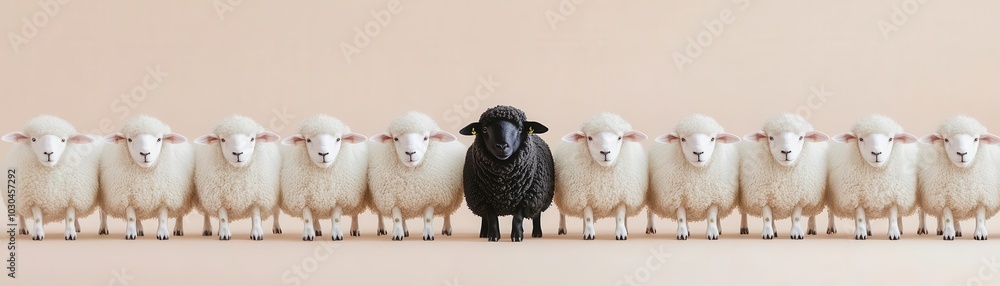 Fototapeta premium A line of identical white sheep with a single black sheep breaking the symmetry, symbolizing uniqueness, black sheep contrast, visual metaphor for being different