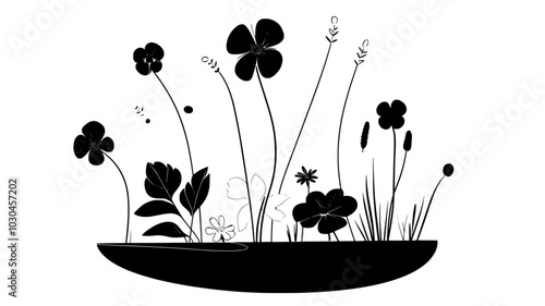 An Ikebana arrangement with flowers, leaves, and stems arranged to form asymmetrical balance, vector illustration art