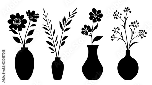 An asymmetrical arrangement of flowers with varying stem lengths placed irregularly in a vase, vector illustration art