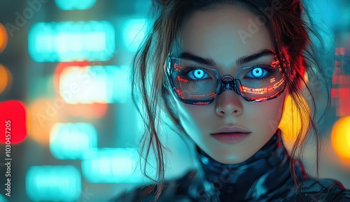 A beautiful woman with robotic features stands in front of a futuristic digital background, with glowing blue eyes and metallic skin. 