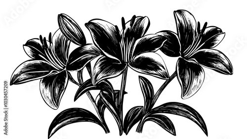 An Asiatic lily plant with several open blooms and unopened buds, vector illustration art