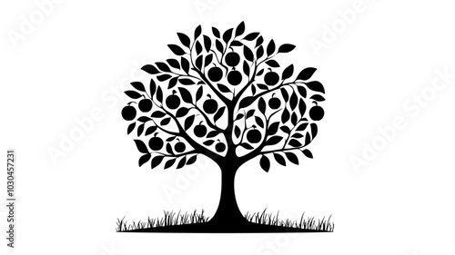 Apple tree laden with ripe fruit in an autumn orchard, vector illustration art