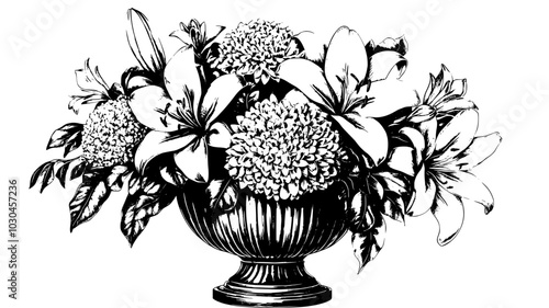 Arrangement of lilies and chrysanthemums in brass urn, vector illustration art