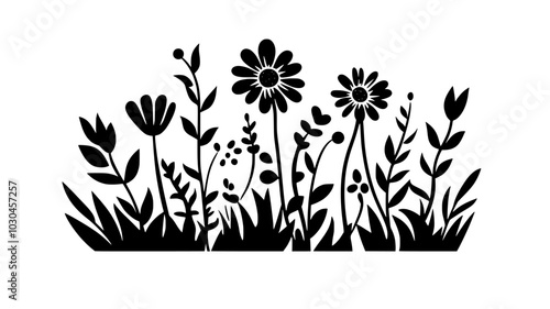 Asters growing naturally among other autumn plants in a meadow, vector illustration art